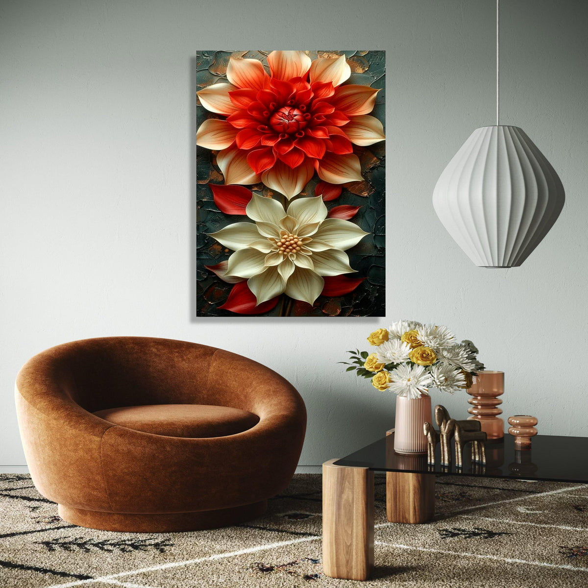 Elegant Red and Cream Floral Canvas, 3D Flower Wall Art, Modern Home Decoration, Large Botanical Painting, Ready Gift Art, Home Decor, Print