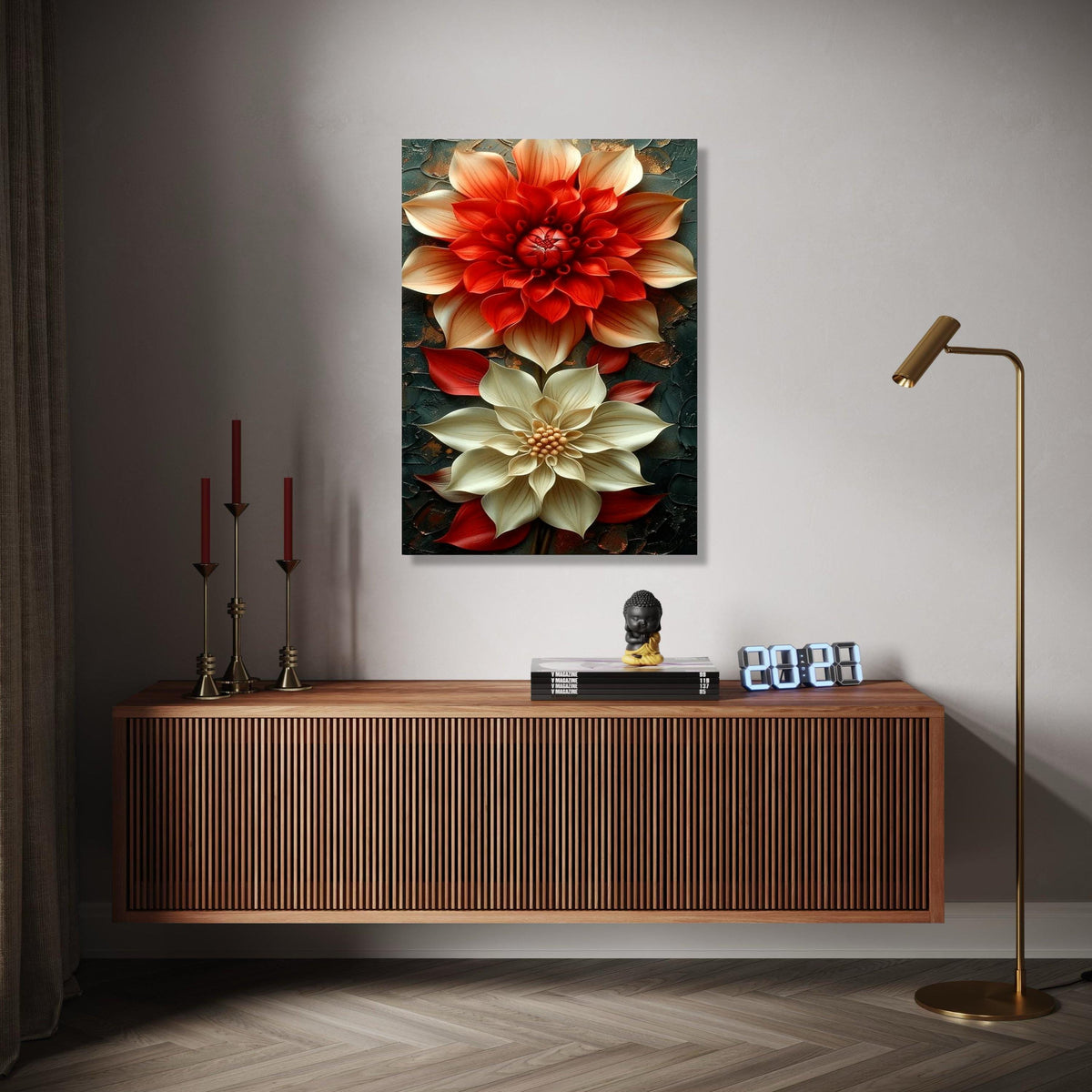 Elegant Red and Cream Floral Canvas, 3D Flower Wall Art, Modern Home Decoration, Large Botanical Painting, Ready Gift Art, Home Decor, Print