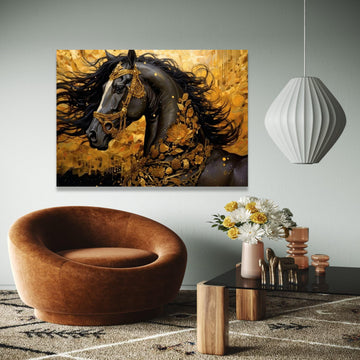 Majestic Black Horse Canvas Art, Gold Floral Decor, Regal Animal Wall Art, Luxury Home Decoration, Elegant Gift Art, Home Decor, Print