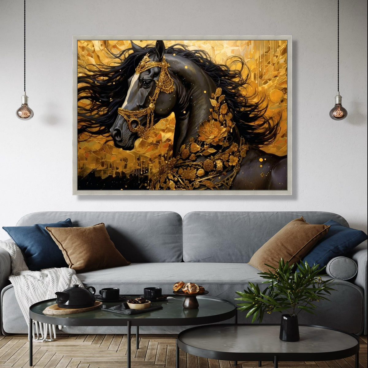 Majestic Black Horse Canvas Art, Gold Floral Decor, Regal Animal Wall Art, Luxury Home Decoration, Elegant Gift Art, Home Decor, Print