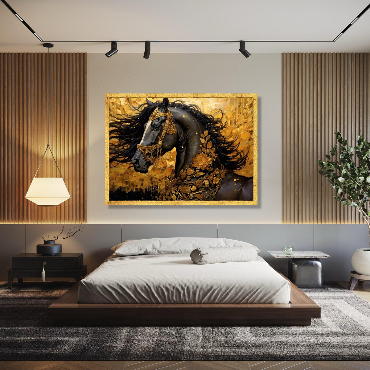 Majestic Black Horse Canvas Art, Gold Floral Decor, Regal Animal Wall Art, Luxury Home Decoration, Elegant Gift Art, Home Decor, Print