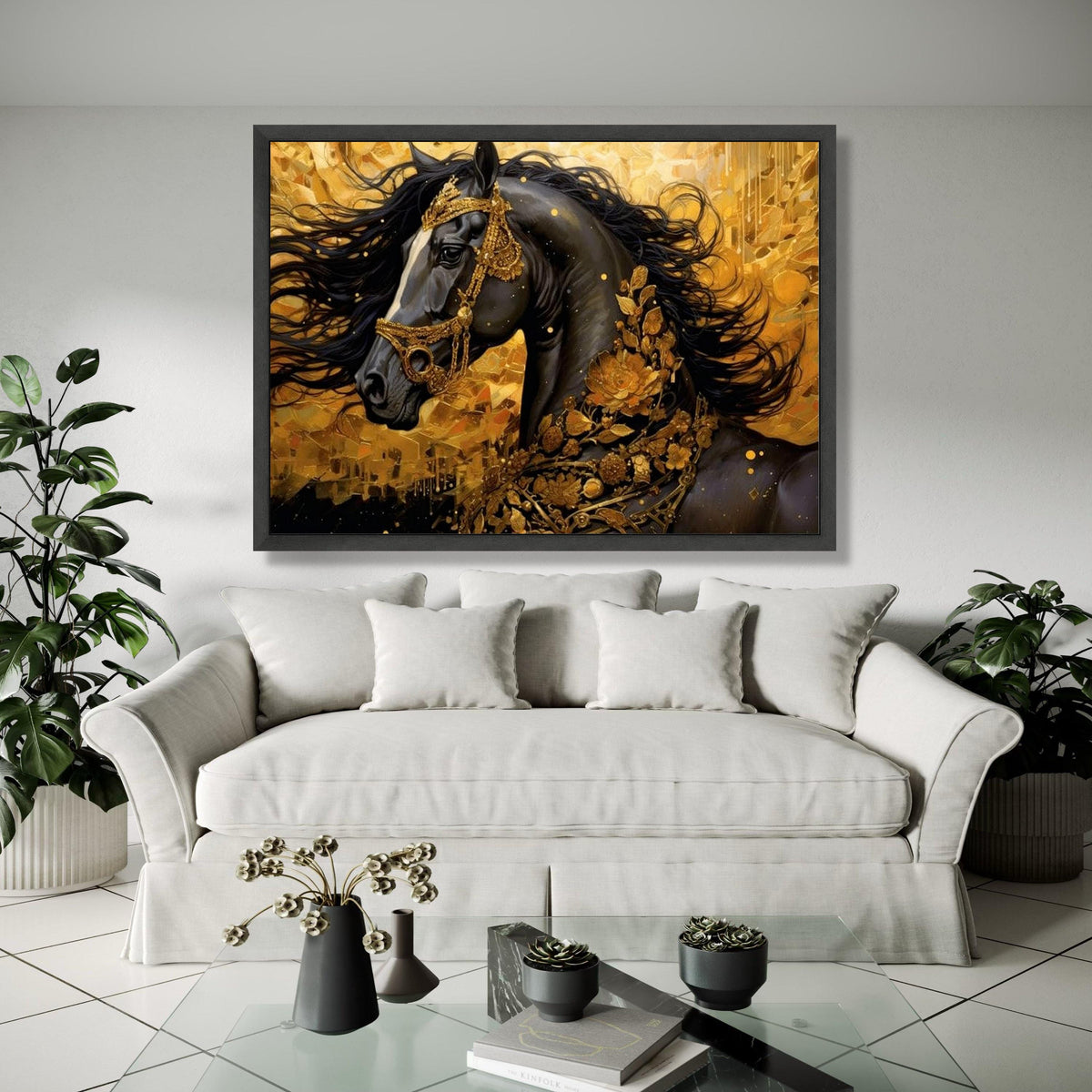 Majestic Black Horse Canvas Art, Gold Floral Decor, Regal Animal Wall Art, Luxury Home Decoration, Elegant Gift Art, Home Decor, Print