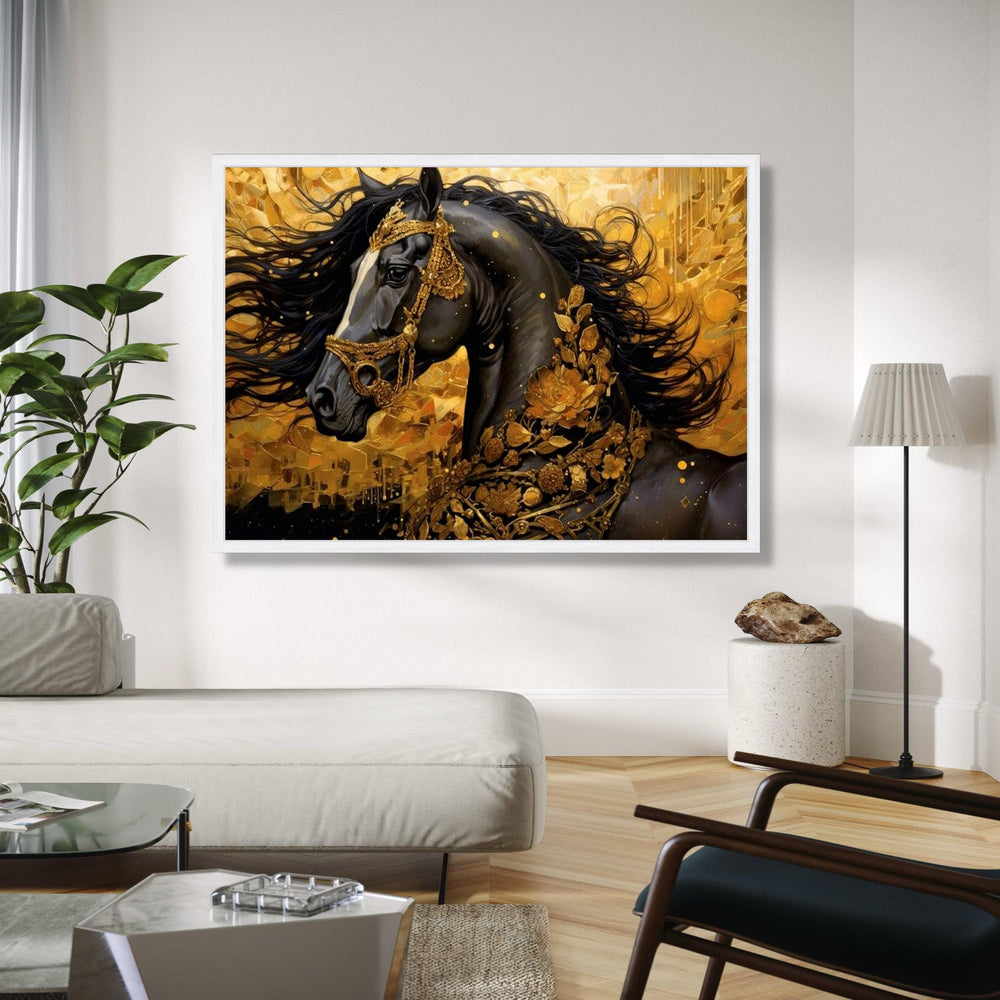 Majestic Black Horse Canvas Art, Gold Floral Decor, Regal Animal Wall Art, Luxury Home Decoration, Elegant Gift Art, Home Decor, Print