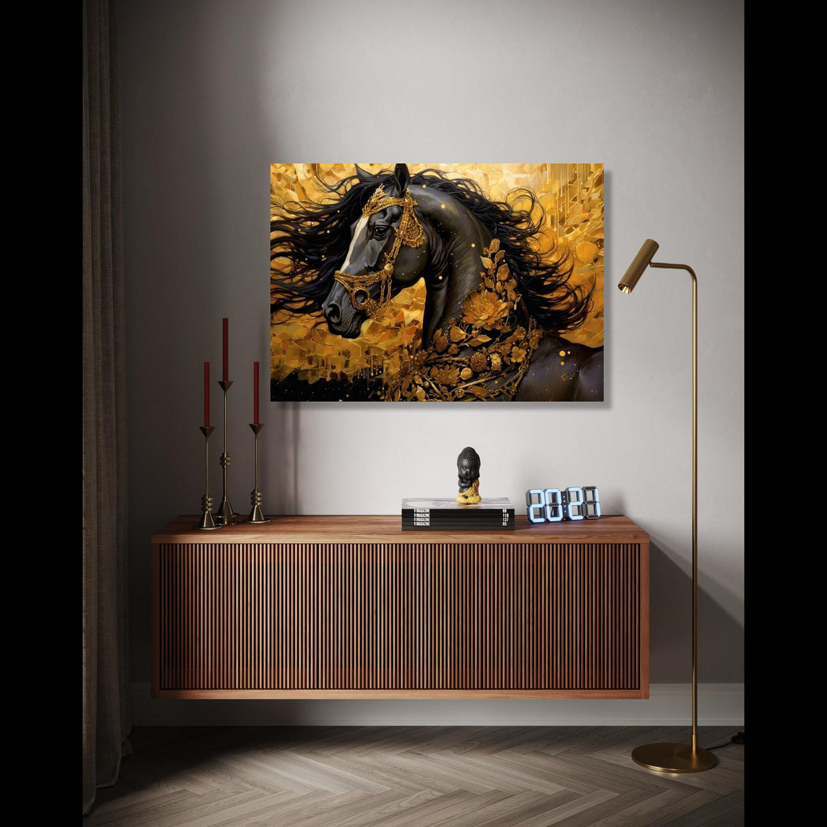 Majestic Black Horse Canvas Art, Gold Floral Decor, Regal Animal Wall Art, Luxury Home Decoration, Elegant Gift Art, Home Decor, Print