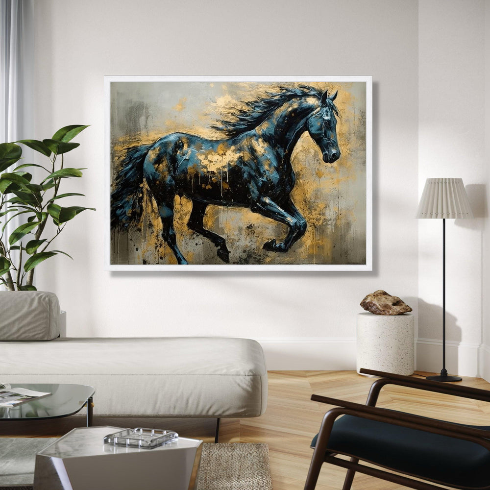 Majestic Running Horse Canvas, Abstract Animal Wall Art, Blue and Gold Home Decor, Dynamic Equine Painting, Gift Art, Home Decor, Print