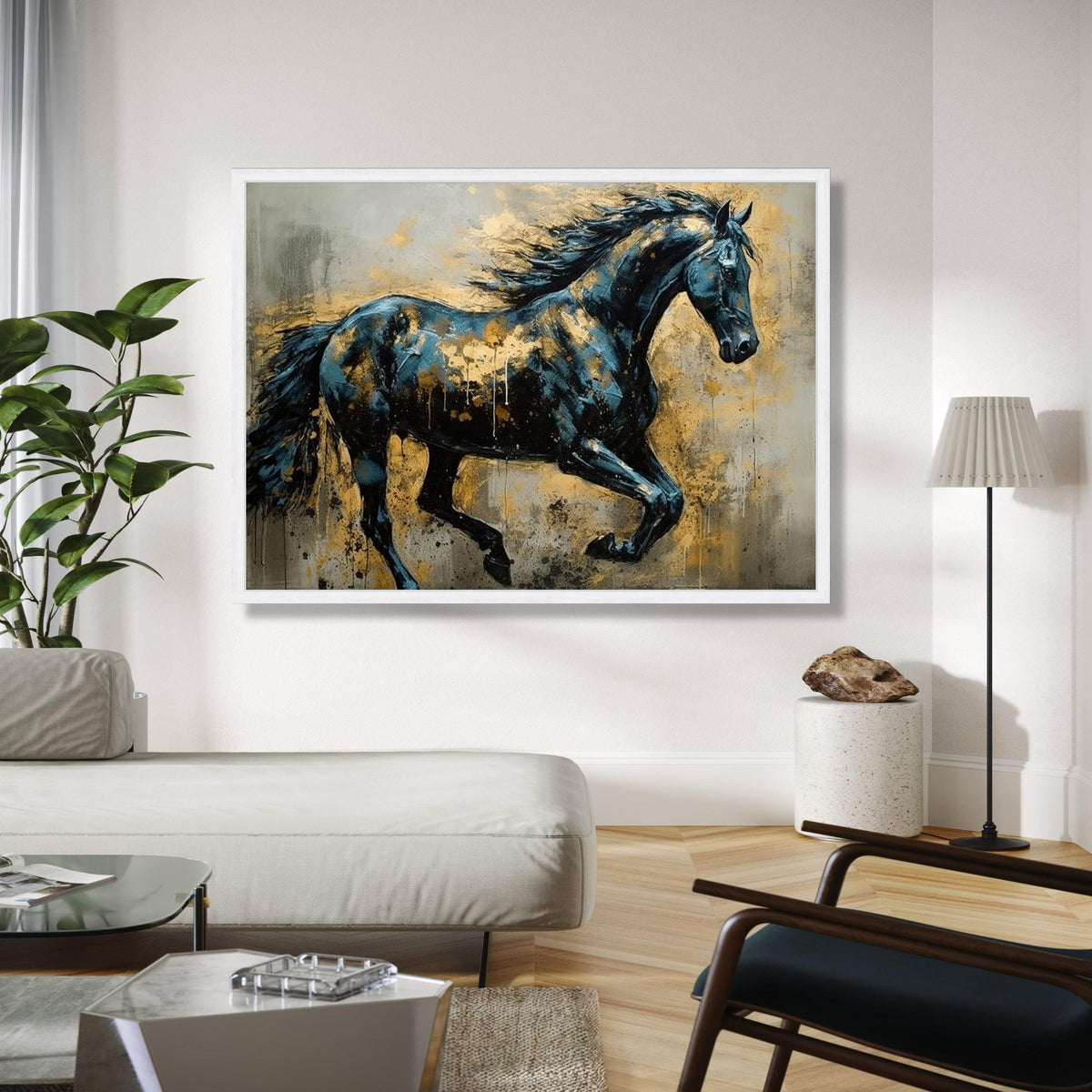 Majestic Running Horse Canvas, Abstract Animal Wall Art, Blue and Gold Home Decor, Dynamic Equine Painting, Gift Art, Home Decor, Print