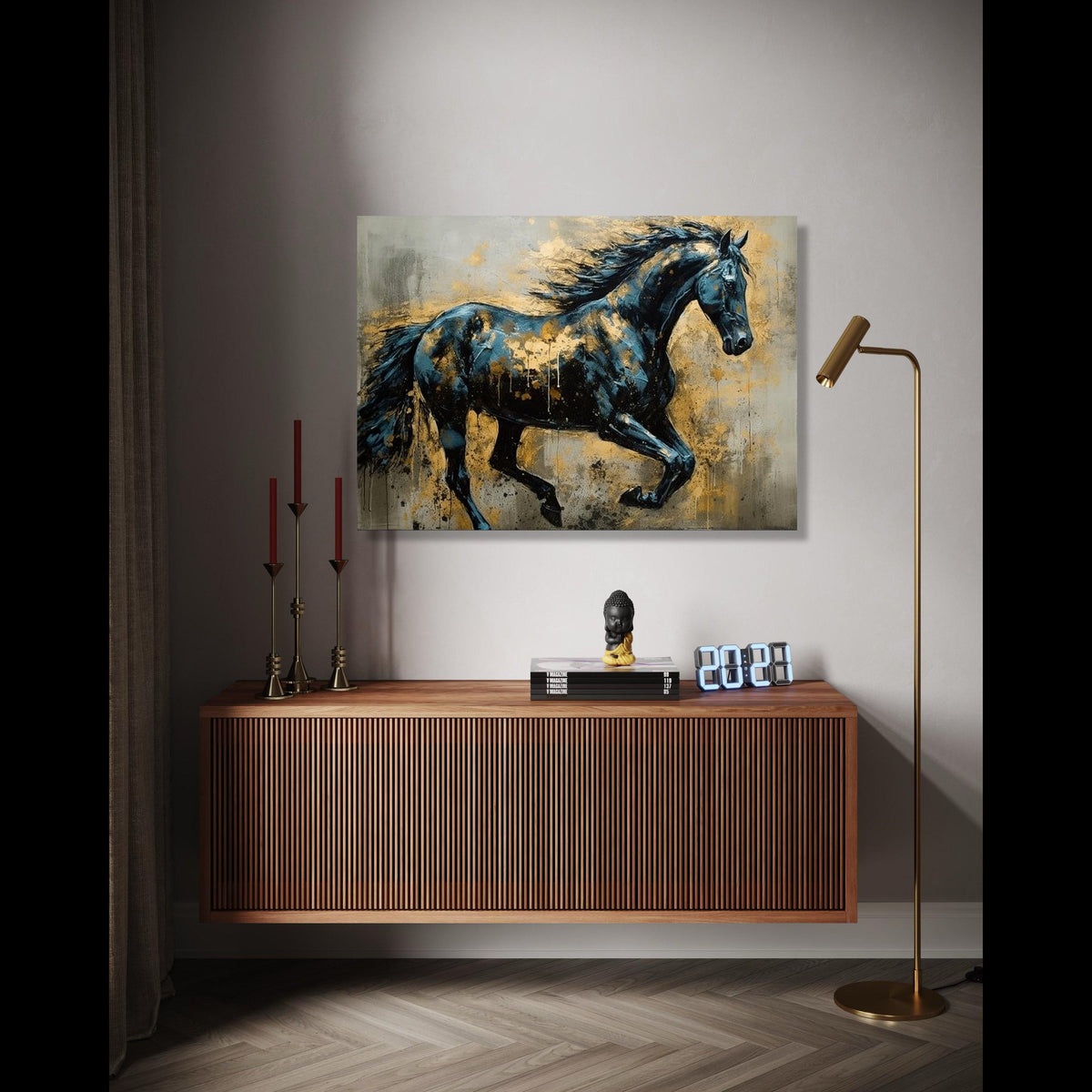 Majestic Running Horse Canvas, Abstract Animal Wall Art, Blue and Gold Home Decor, Dynamic Equine Painting, Gift Art, Home Decor, Print