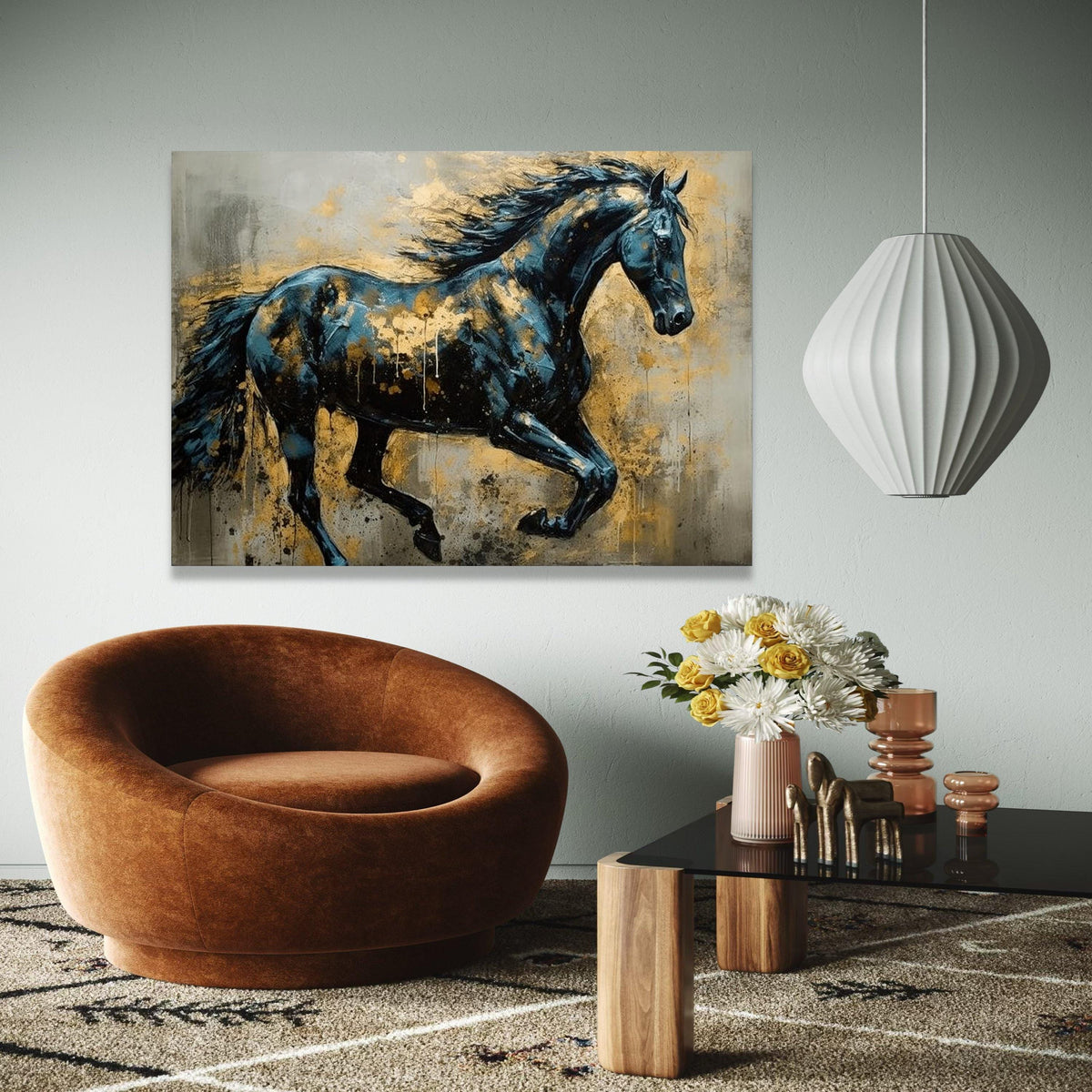 Majestic Running Horse Canvas, Abstract Animal Wall Art, Blue and Gold Home Decor, Dynamic Equine Painting, Gift Art, Home Decor, Print