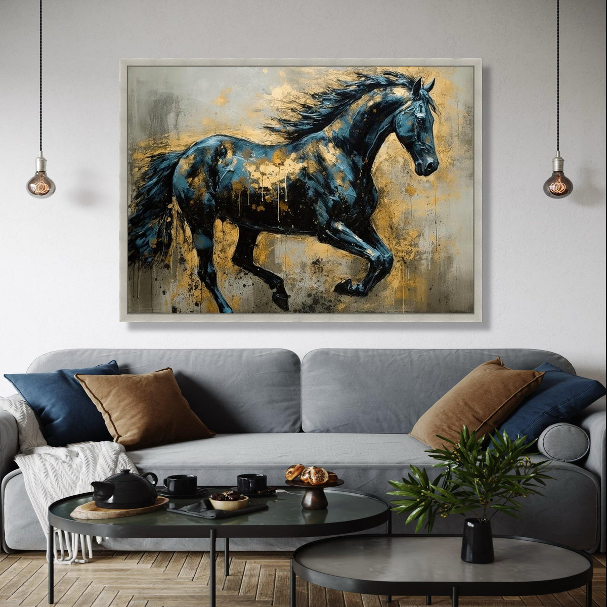 Majestic Running Horse Canvas, Abstract Animal Wall Art, Blue and Gold Home Decor, Dynamic Equine Painting, Gift Art, Home Decor, Print