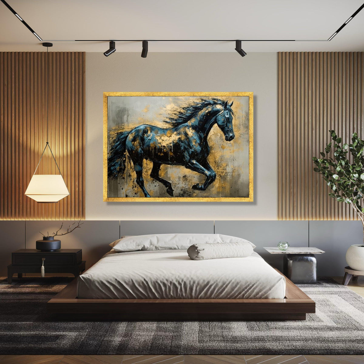 Majestic Running Horse Canvas, Abstract Animal Wall Art, Blue and Gold Home Decor, Dynamic Equine Painting, Gift Art, Home Decor, Print