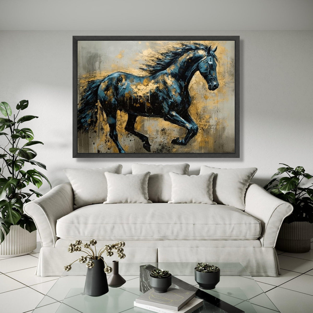 Majestic Running Horse Canvas, Abstract Animal Wall Art, Blue and Gold Home Decor, Dynamic Equine Painting, Gift Art, Home Decor, Print