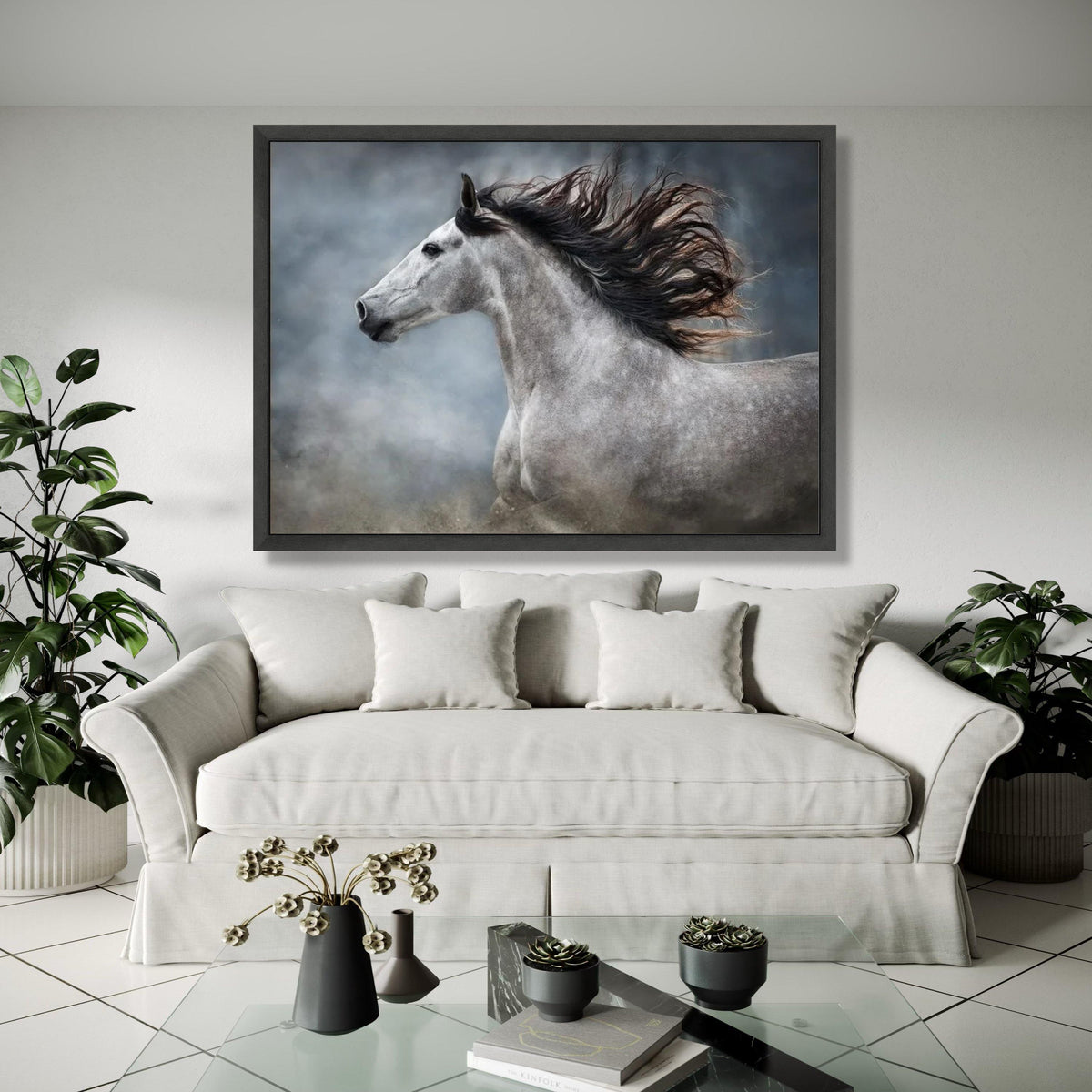 Majestic Grey Horse Canvas Wall Art, Running Stallion Print, Animal Portrait Canvas, Equestrian Home Decor, Gift Art, Home Decor, Print