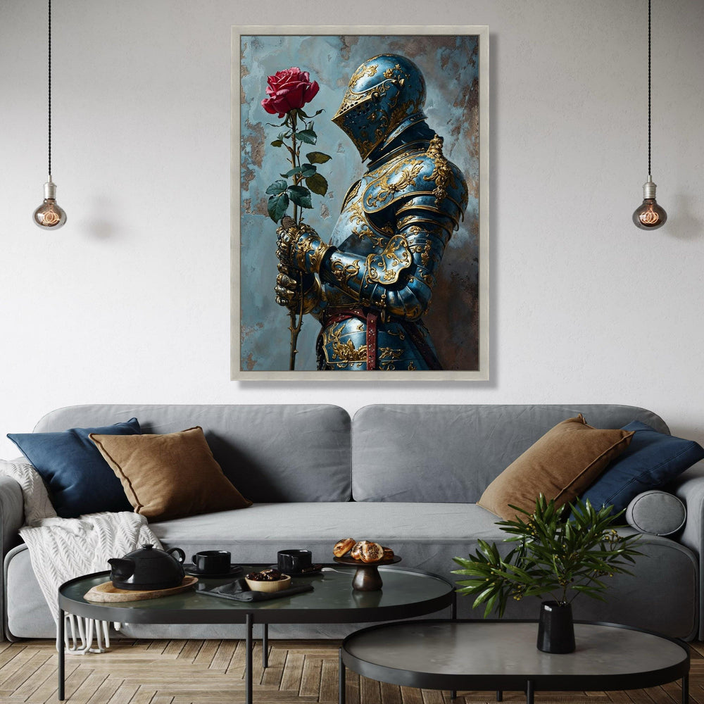 Ornate Blue and Gold Knight Armor Canvas, Medieval Romance Wall Art, Chivalry and Rose Decoration, Historical Gift Art, Home Decor, Print