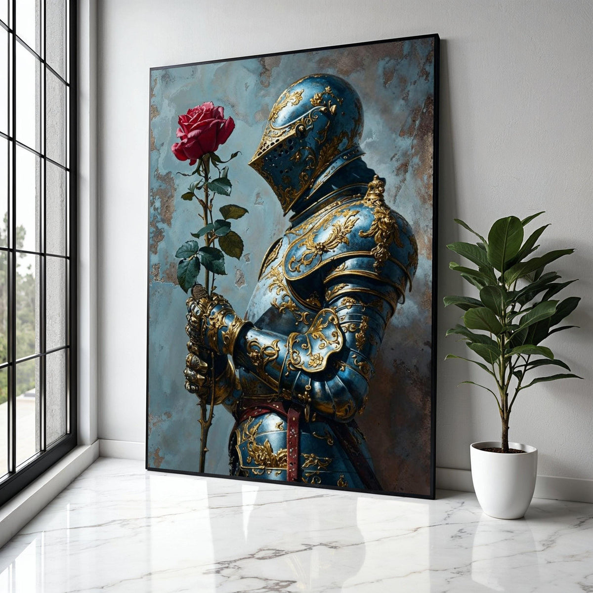 Ornate Blue and Gold Knight Armor Canvas, Medieval Romance Wall Art, Chivalry and Rose Decoration, Historical Gift Art, Home Decor, Print