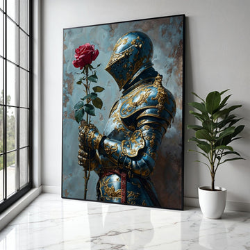 Ornate Blue and Gold Knight Armor Canvas, Medieval Romance Wall Art, Chivalry and Rose Decoration, Historical Gift Art, Home Decor, Print