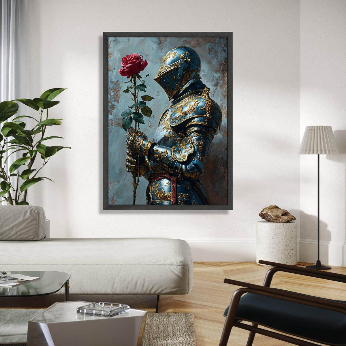 Ornate Blue and Gold Knight Armor Canvas, Medieval Romance Wall Art, Chivalry and Rose Decoration, Historical Gift Art, Home Decor, Print