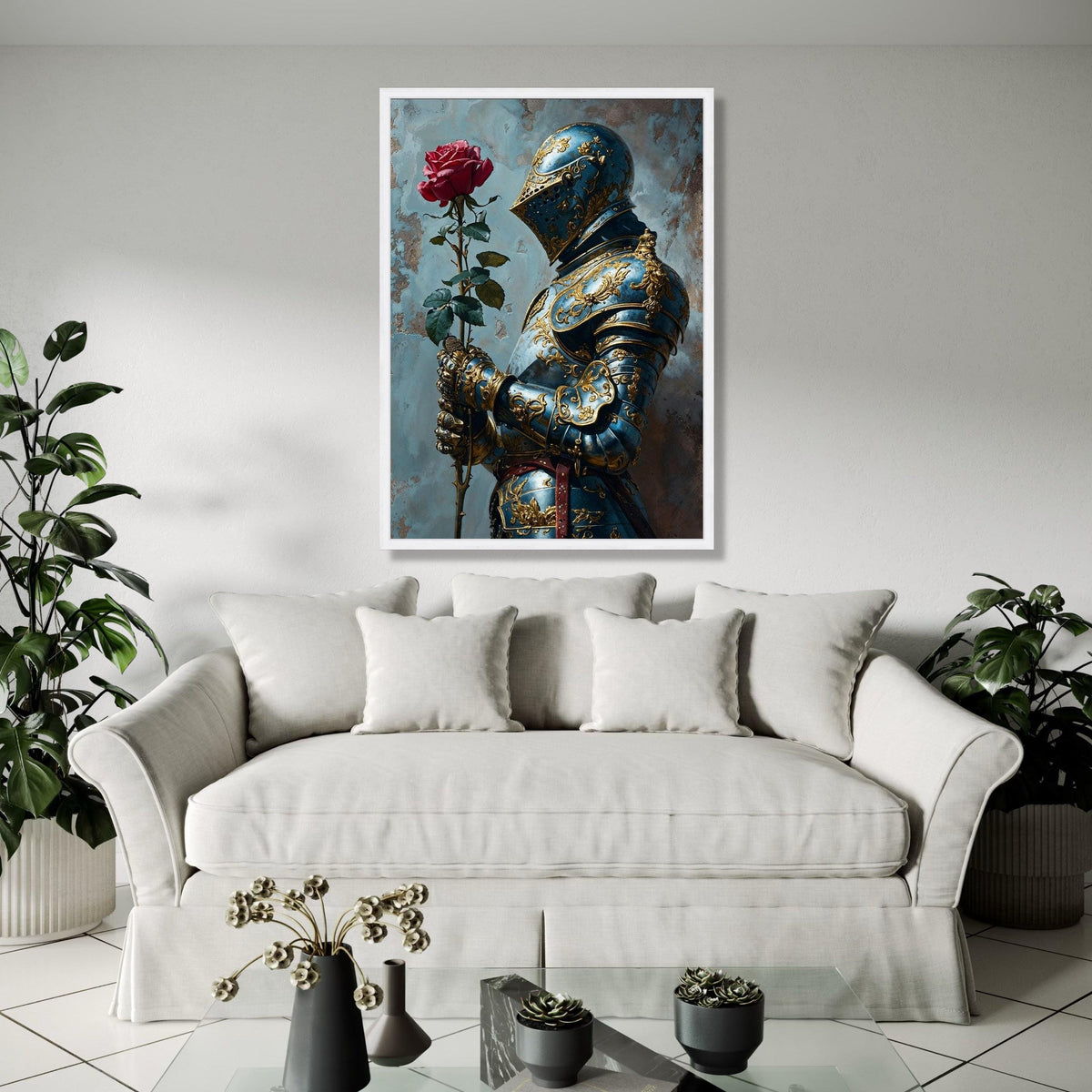 Ornate Blue and Gold Knight Armor Canvas, Medieval Romance Wall Art, Chivalry and Rose Decoration, Historical Gift Art, Home Decor, Print