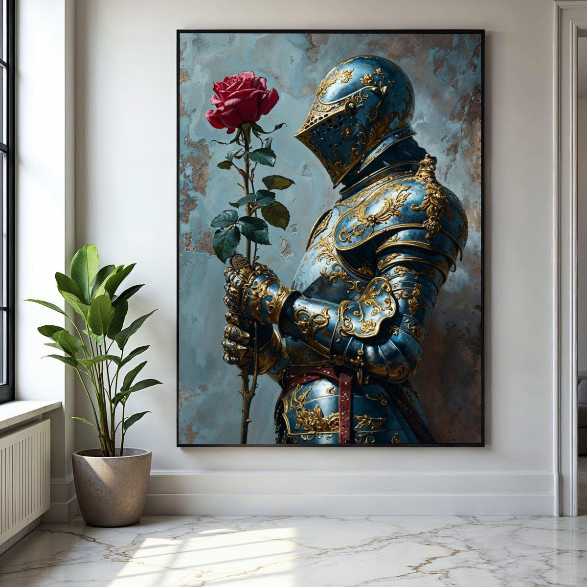 Ornate Blue and Gold Knight Armor Canvas, Medieval Romance Wall Art, Chivalry and Rose Decoration, Historical Gift Art, Home Decor, Print