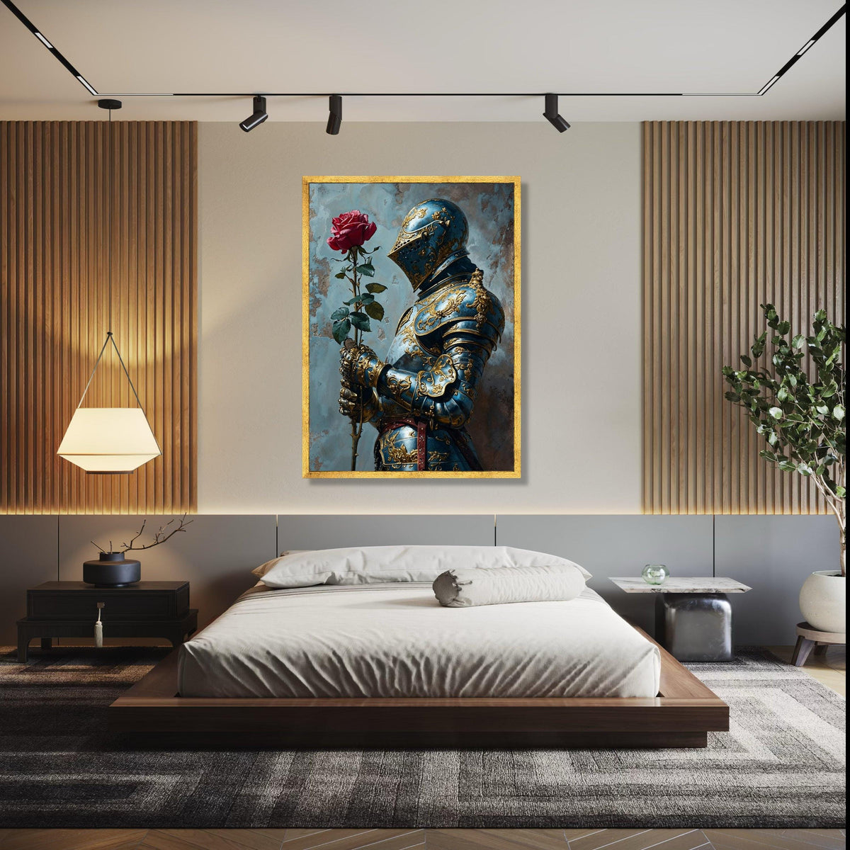 Ornate Blue and Gold Knight Armor Canvas, Medieval Romance Wall Art, Chivalry and Rose Decoration, Historical Gift Art, Home Decor, Print
