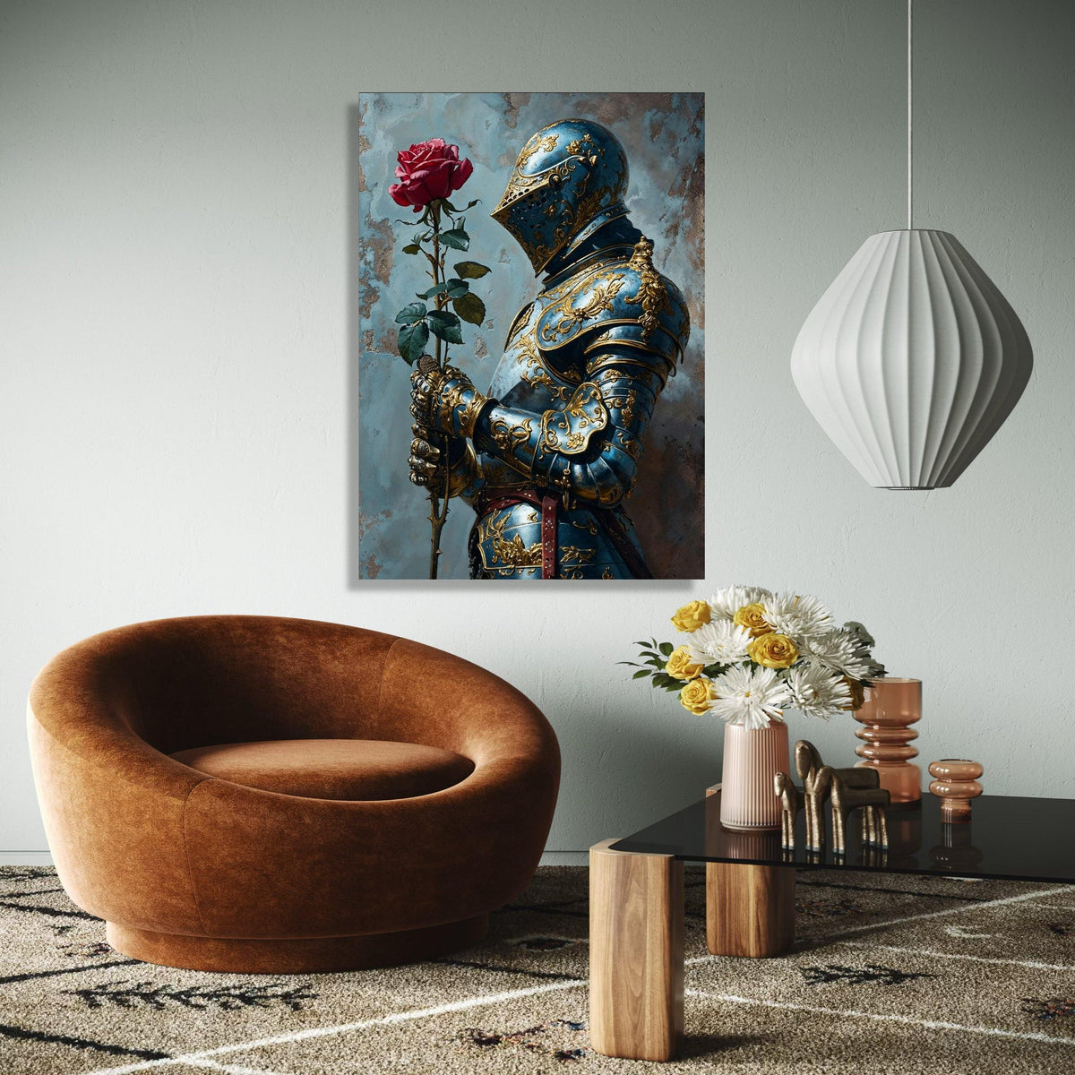 Ornate Blue and Gold Knight Armor Canvas, Medieval Romance Wall Art, Chivalry and Rose Decoration, Historical Gift Art, Home Decor, Print