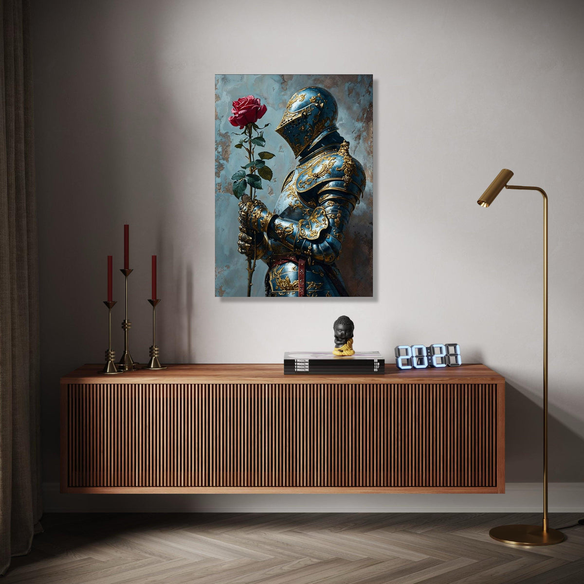 Ornate Blue and Gold Knight Armor Canvas, Medieval Romance Wall Art, Chivalry and Rose Decoration, Historical Gift Art, Home Decor, Print
