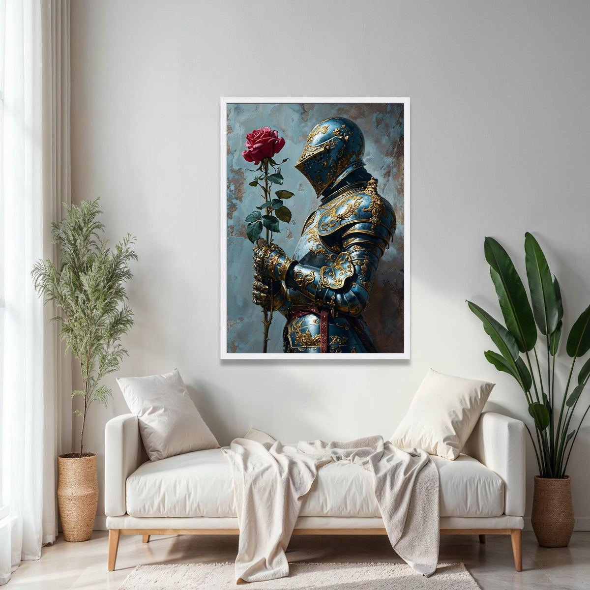 Ornate Blue and Gold Knight Armor Canvas, Medieval Romance Wall Art, Chivalry and Rose Decoration, Historical Gift Art, Home Decor, Print