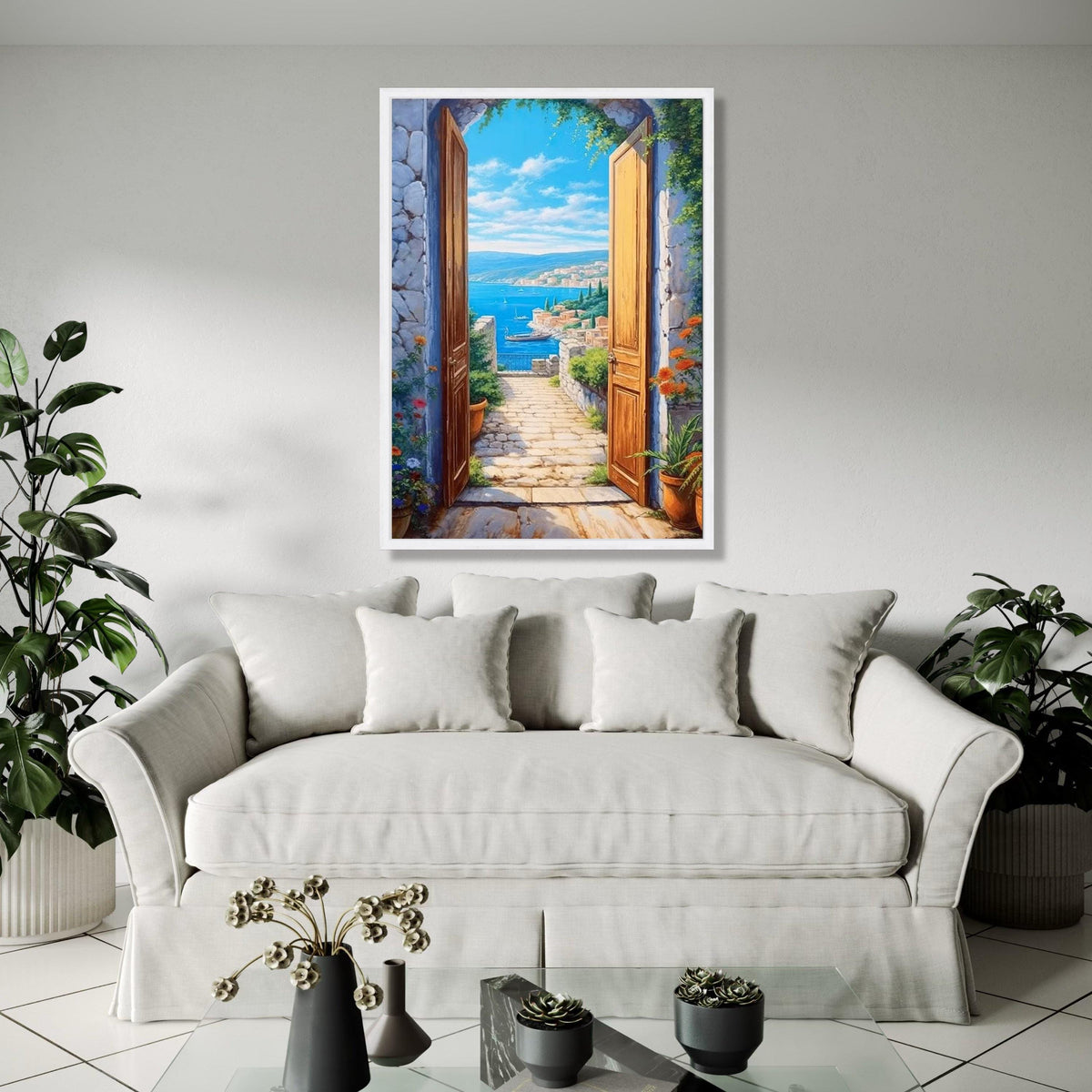 Mediterranean Seaside View Canvas, Open Wooden Door Wall Art, Coastal Landscape Painting, Nautical Home Decor, Gift Art, Home Decor, Print