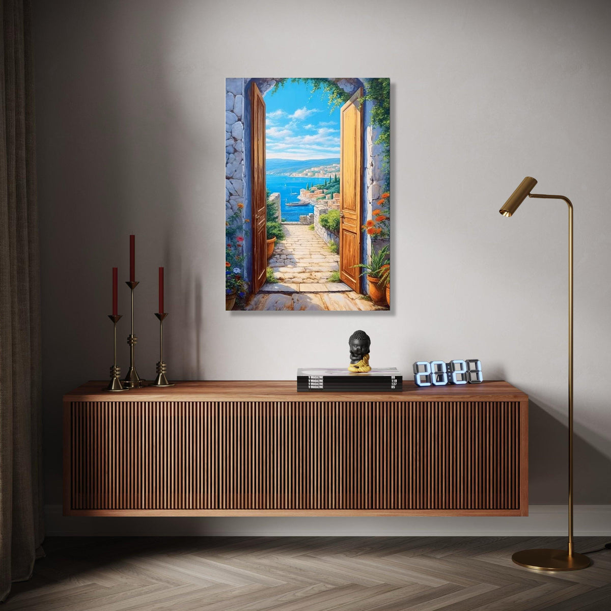 Mediterranean Seaside View Canvas, Open Wooden Door Wall Art, Coastal Landscape Painting, Nautical Home Decor, Gift Art, Home Decor, Print