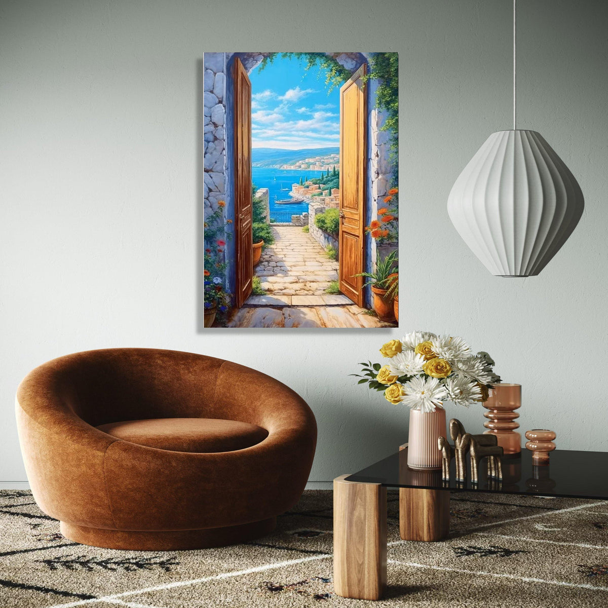 Mediterranean Seaside View Canvas, Open Wooden Door Wall Art, Coastal Landscape Painting, Nautical Home Decor, Gift Art, Home Decor, Print