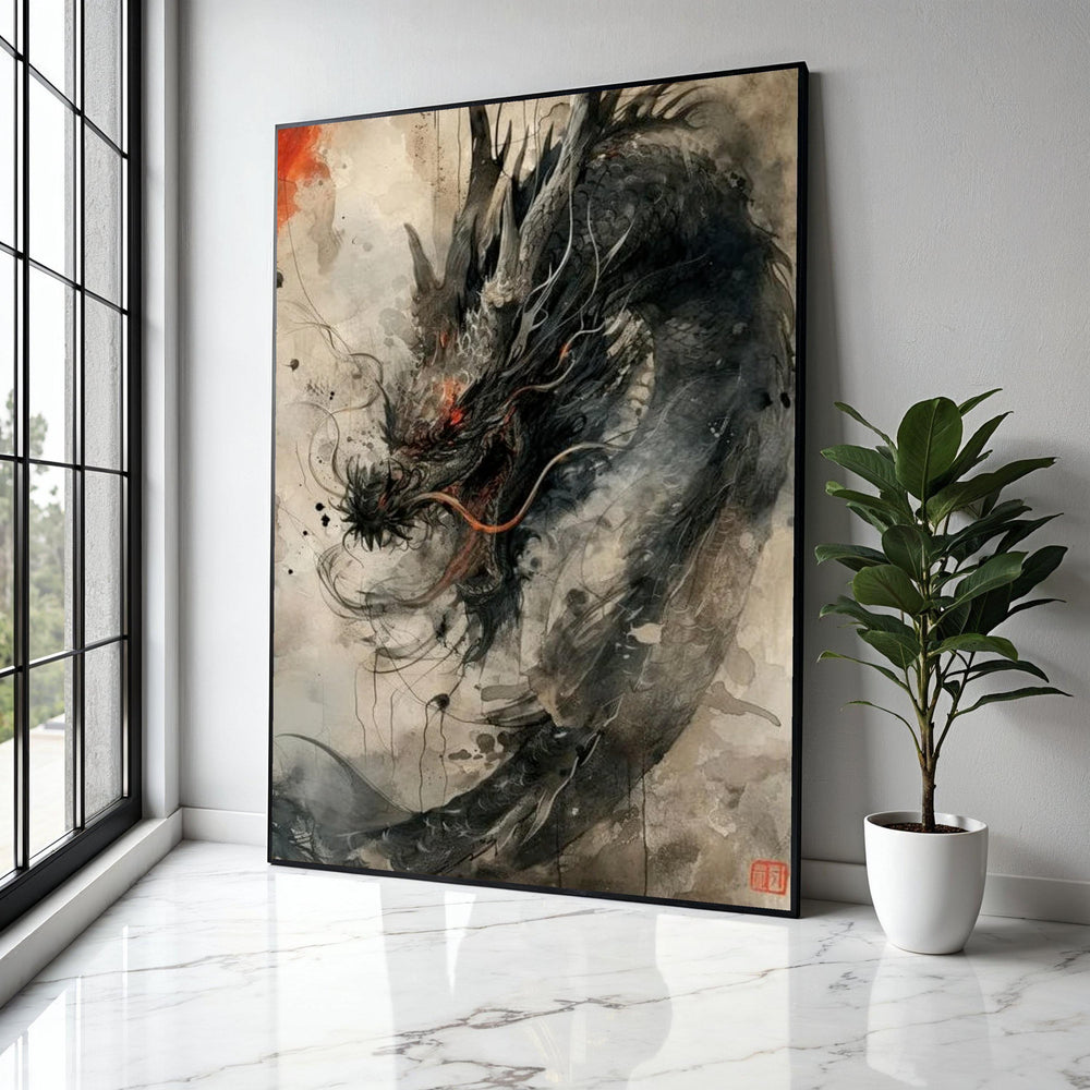 Fierce Black Dragon Canvas Wall Art, Asian Mythical Creature Painting, Fantasy Ink Style Decor, Oriental Dragon Gift Art, Home Decor, Print
