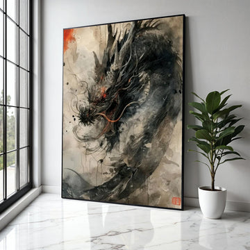 Fierce Black Dragon Canvas Wall Art, Asian Mythical Creature Painting, Fantasy Ink Style Decor, Oriental Dragon Gift Art, Home Decor, Print