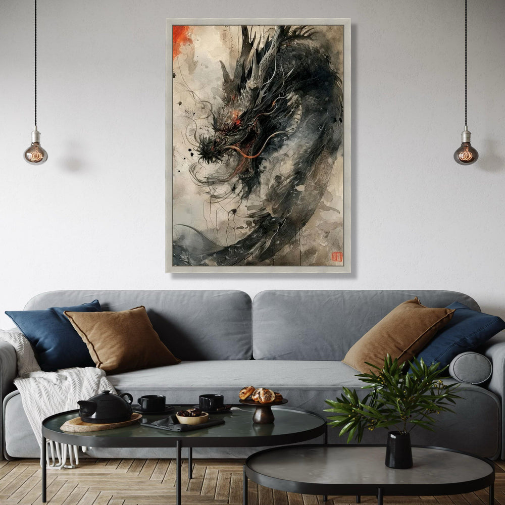 Fierce Black Dragon Canvas Wall Art, Asian Mythical Creature Painting, Fantasy Ink Style Decor, Oriental Dragon Gift Art, Home Decor, Print