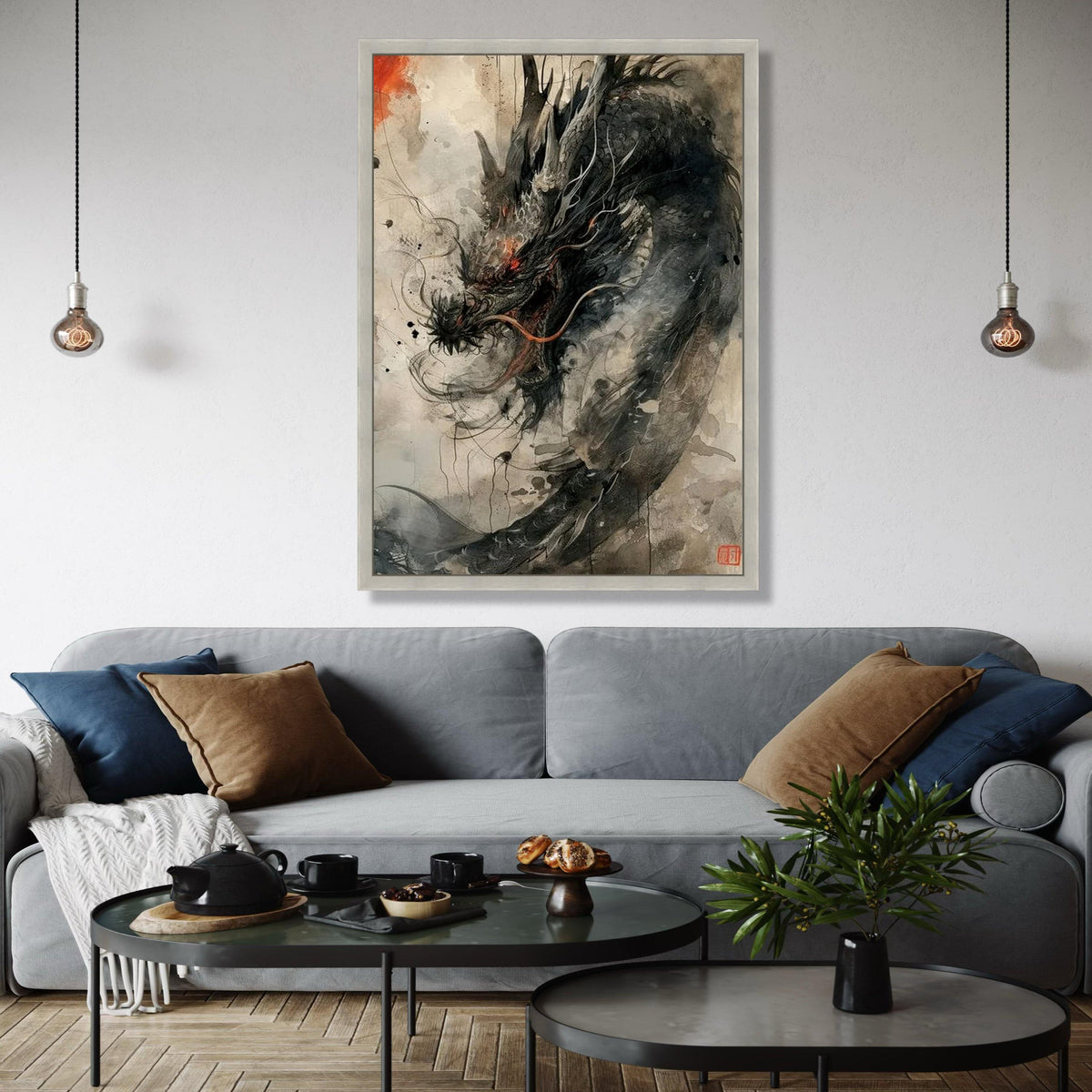 Fierce Black Dragon Canvas Wall Art, Asian Mythical Creature Painting, Fantasy Ink Style Decor, Oriental Dragon Gift Art, Home Decor, Print