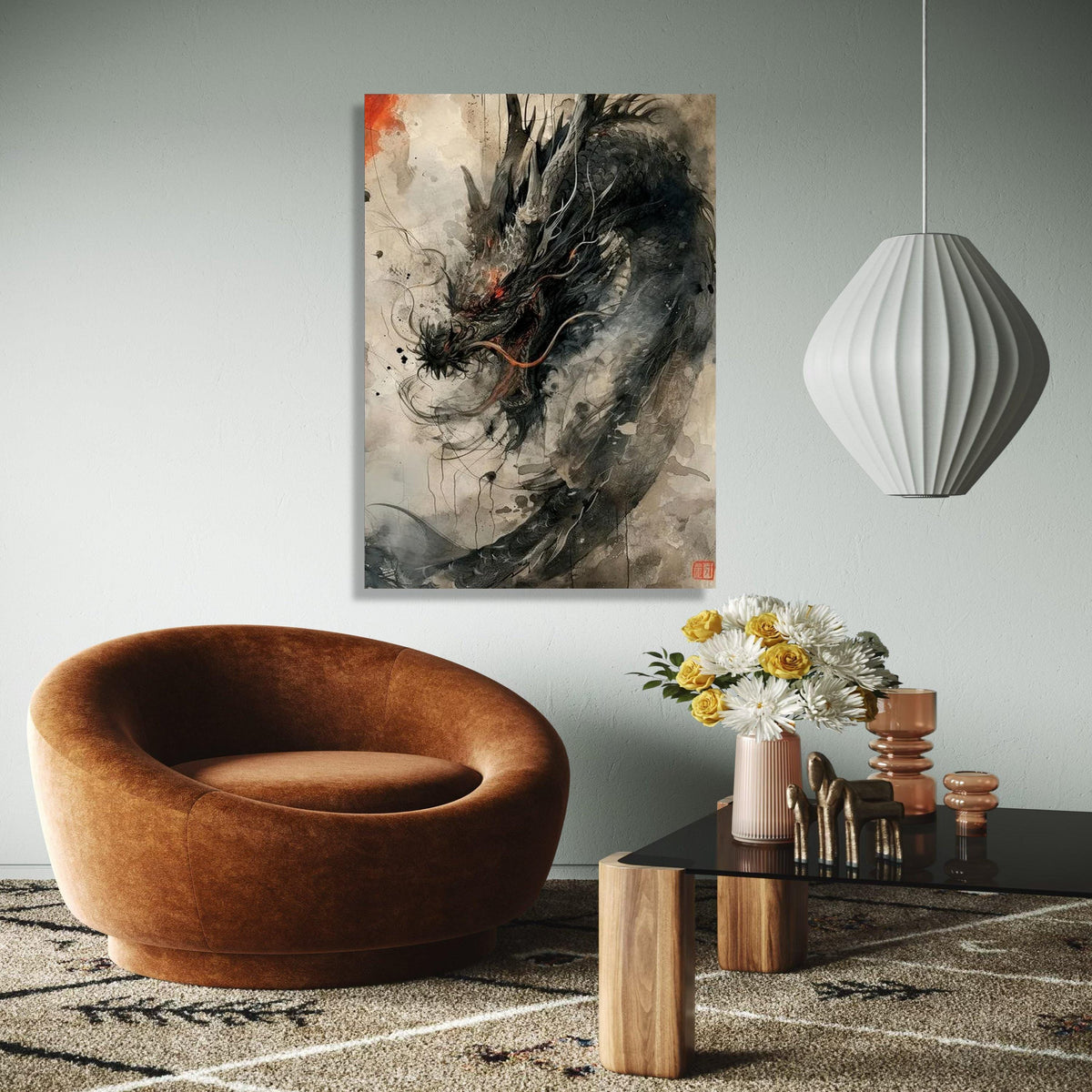 Fierce Black Dragon Canvas Wall Art, Asian Mythical Creature Painting, Fantasy Ink Style Decor, Oriental Dragon Gift Art, Home Decor, Print