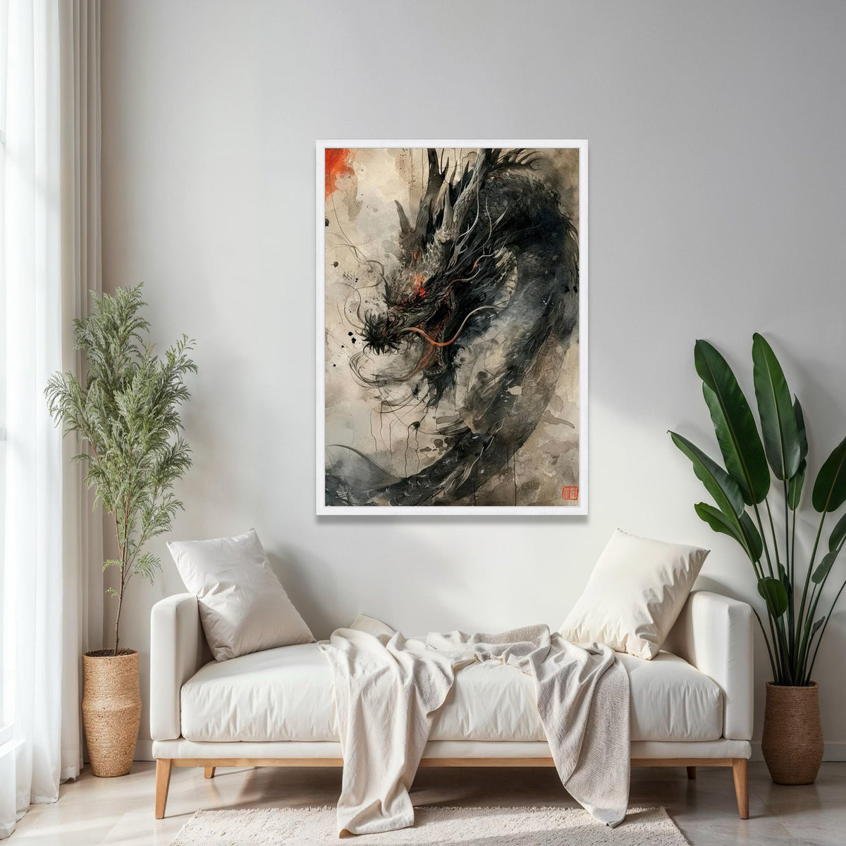 Fierce Black Dragon Canvas Wall Art, Asian Mythical Creature Painting, Fantasy Ink Style Decor, Oriental Dragon Gift Art, Home Decor, Print