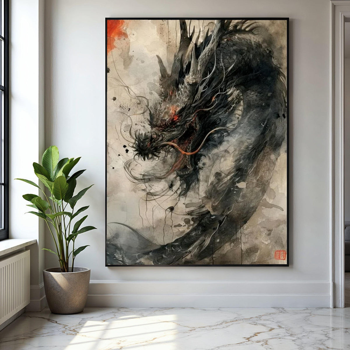 Fierce Black Dragon Canvas Wall Art, Asian Mythical Creature Painting, Fantasy Ink Style Decor, Oriental Dragon Gift Art, Home Decor, Print