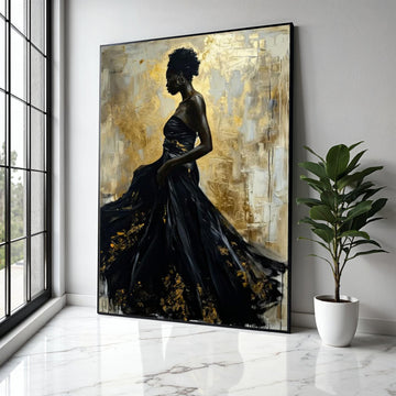 Elegant African Woman in Black Dress, Abstract Gold Canvas, Modern Figurative Wall Art, Glamorous Home Decor, Gift Art, Home Decor, Print