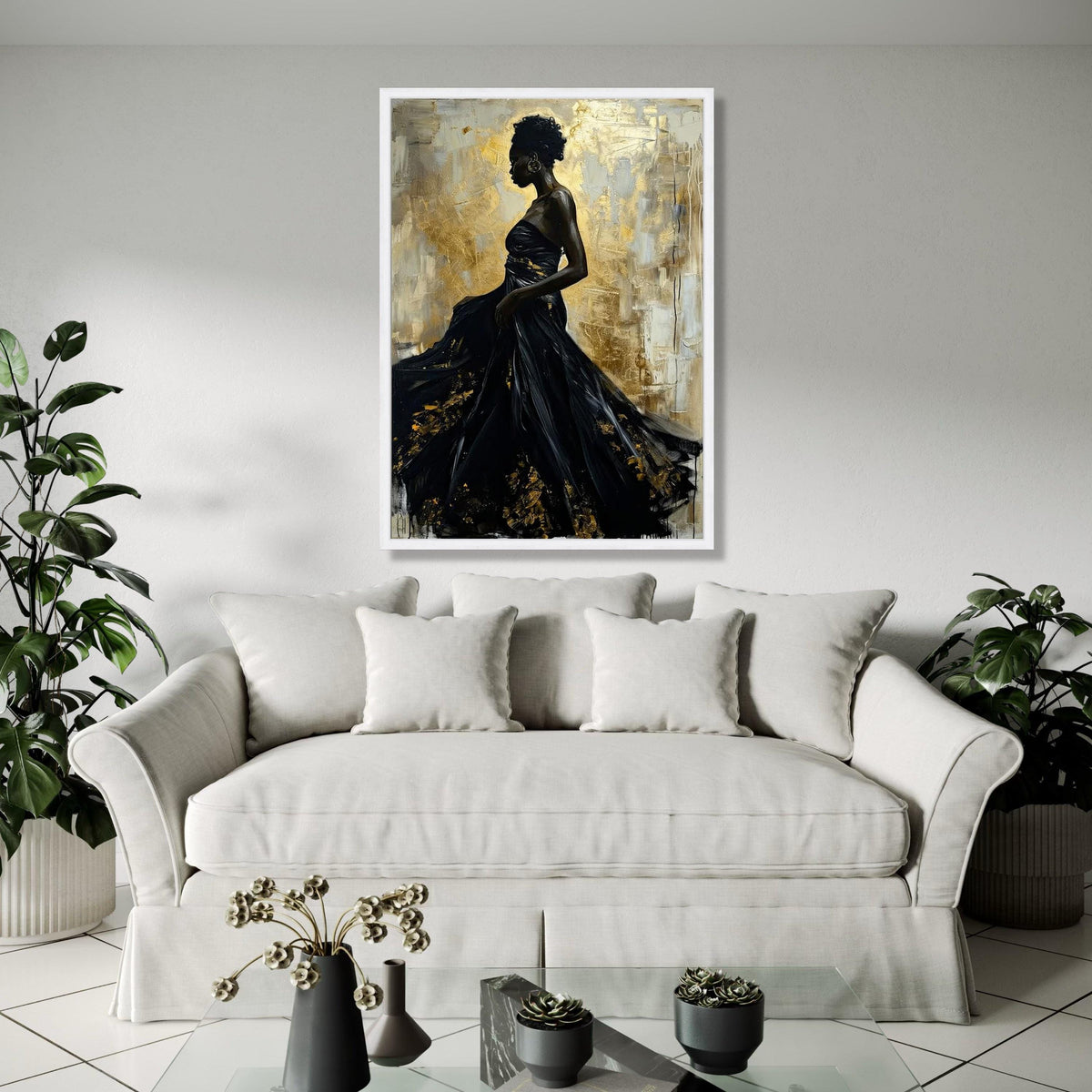 Elegant African Woman in Black Dress, Abstract Gold Canvas, Modern Figurative Wall Art, Glamorous Home Decor, Gift Art, Home Decor, Print