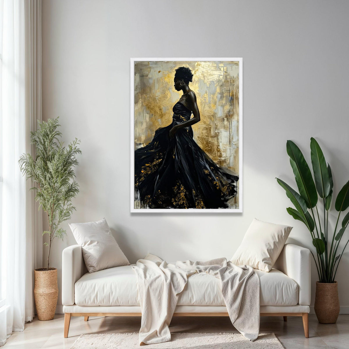 Elegant African Woman in Black Dress, Abstract Gold Canvas, Modern Figurative Wall Art, Glamorous Home Decor, Gift Art, Home Decor, Print