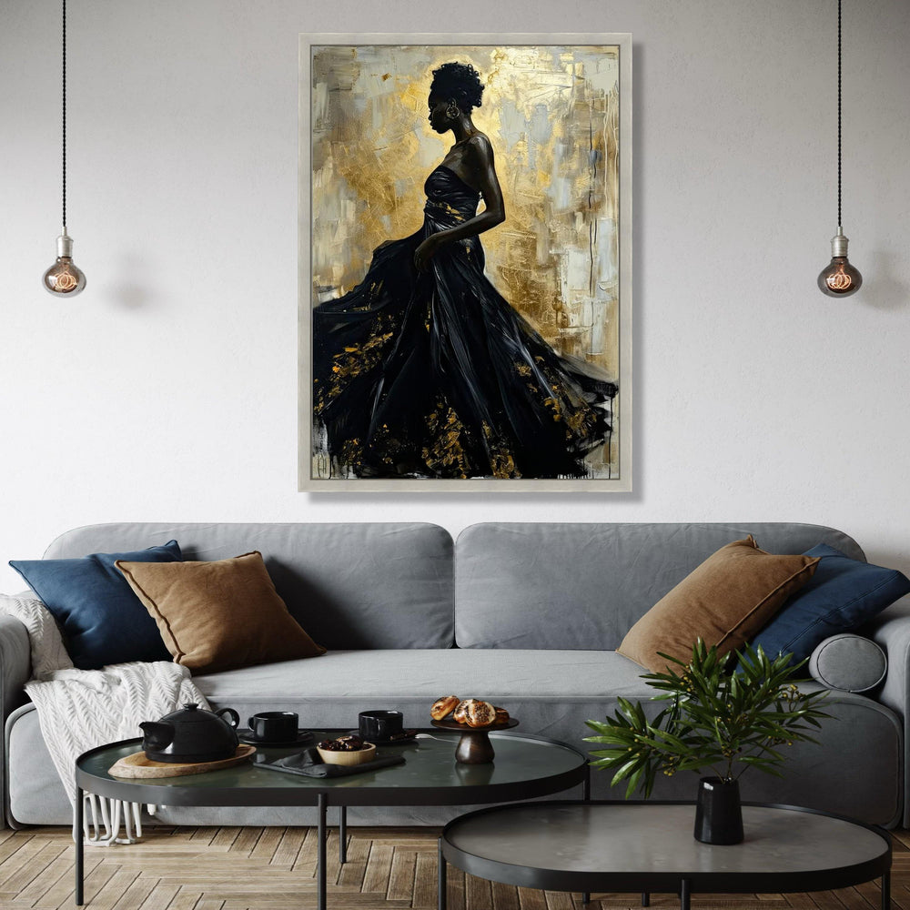 Elegant African Woman in Black Dress, Abstract Gold Canvas, Modern Figurative Wall Art, Glamorous Home Decor, Gift Art, Home Decor, Print