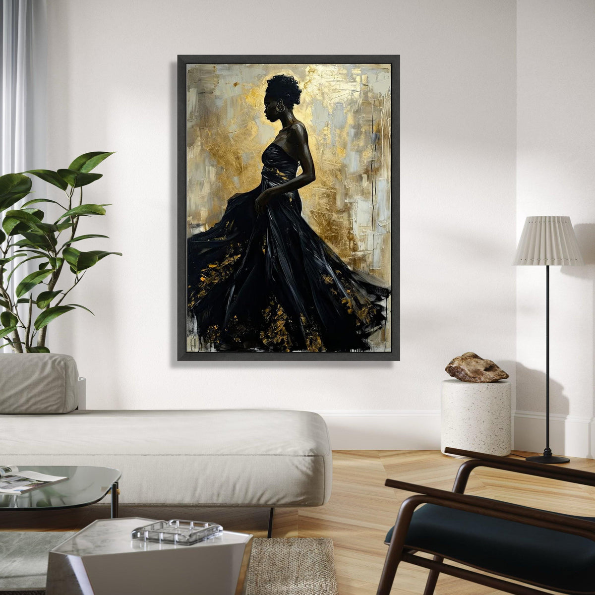 Elegant African Woman in Black Dress, Abstract Gold Canvas, Modern Figurative Wall Art, Glamorous Home Decor, Gift Art, Home Decor, Print