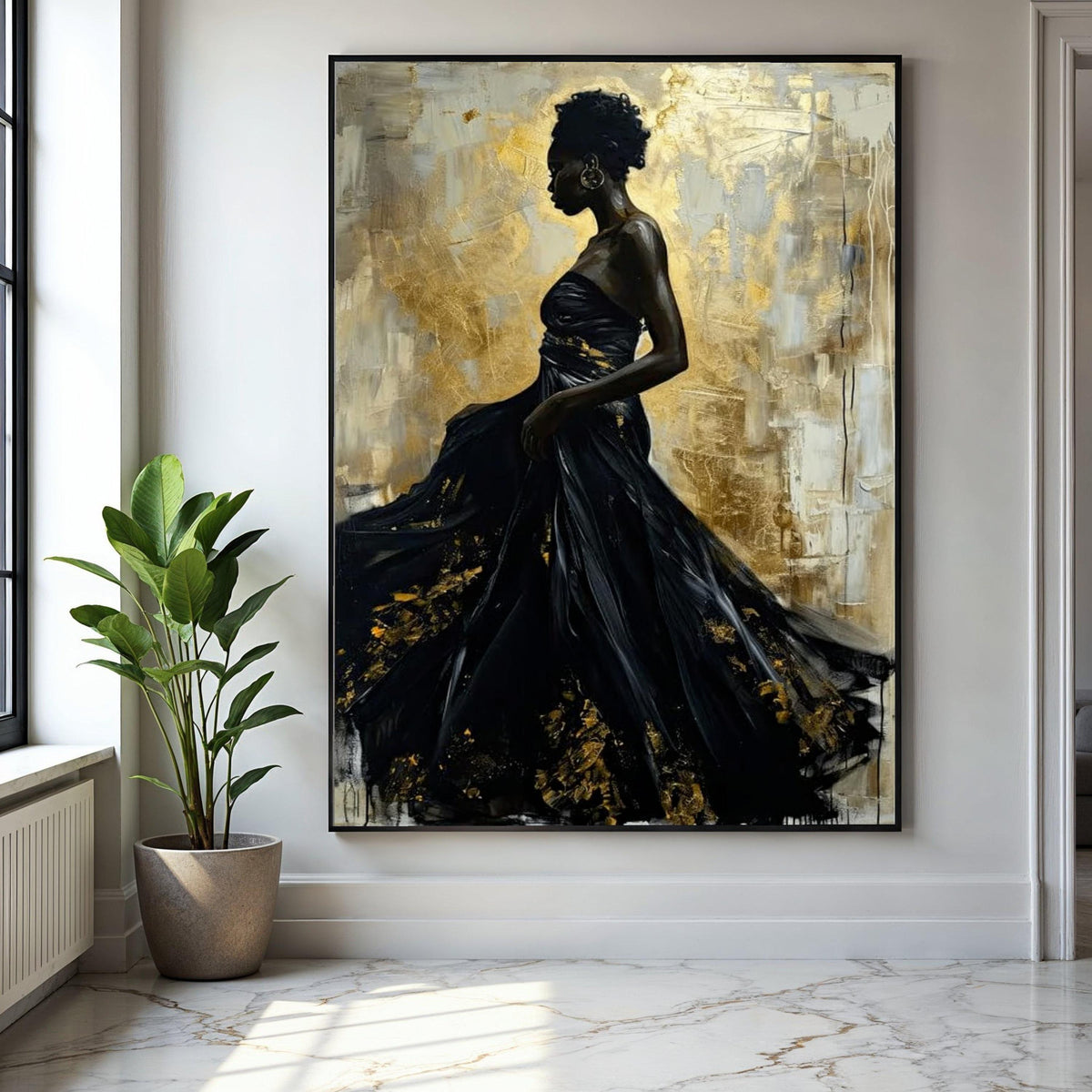 Elegant African Woman in Black Dress, Abstract Gold Canvas, Modern Figurative Wall Art, Glamorous Home Decor, Gift Art, Home Decor, Print