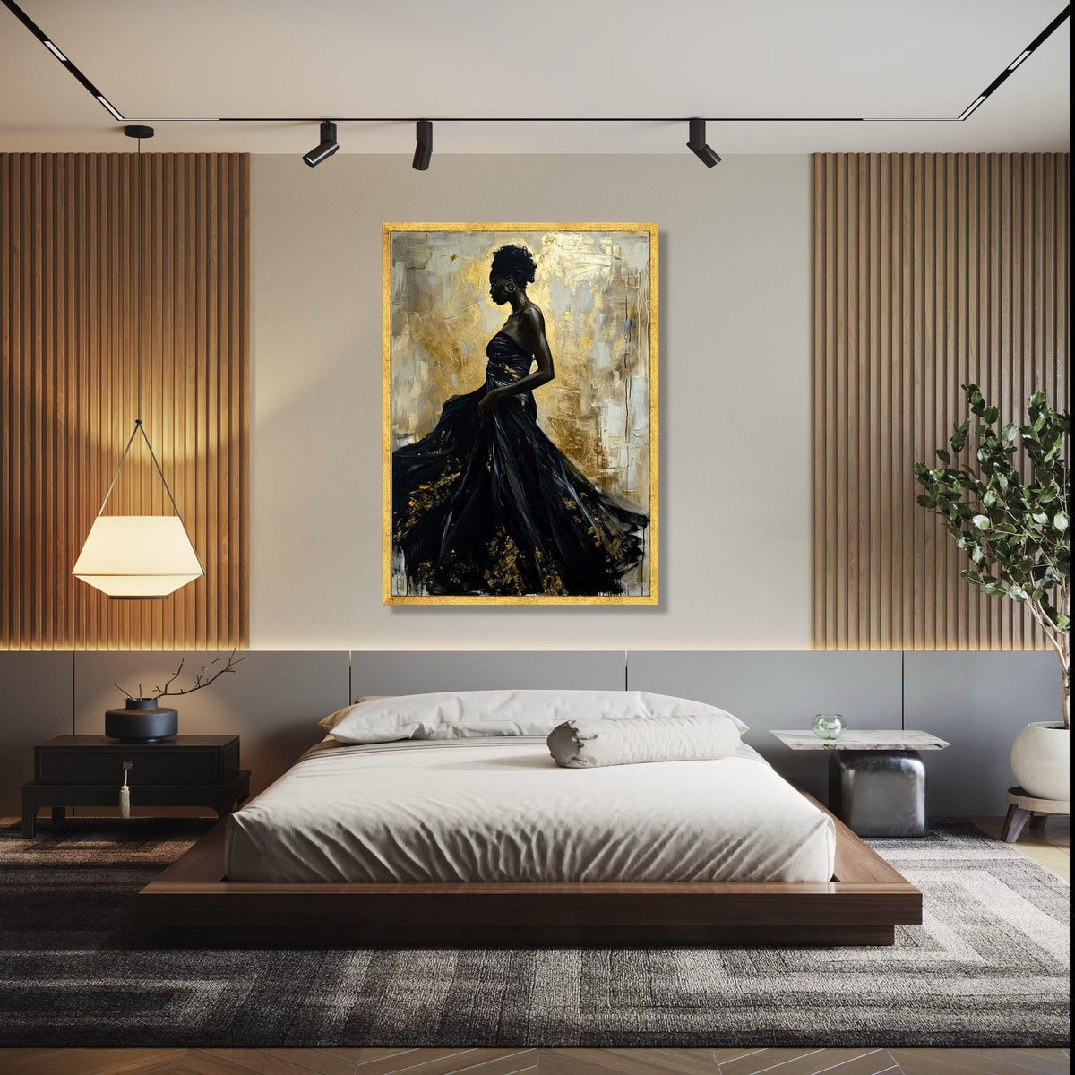 Elegant African Woman in Black Dress, Abstract Gold Canvas, Modern Figurative Wall Art, Glamorous Home Decor, Gift Art, Home Decor, Print
