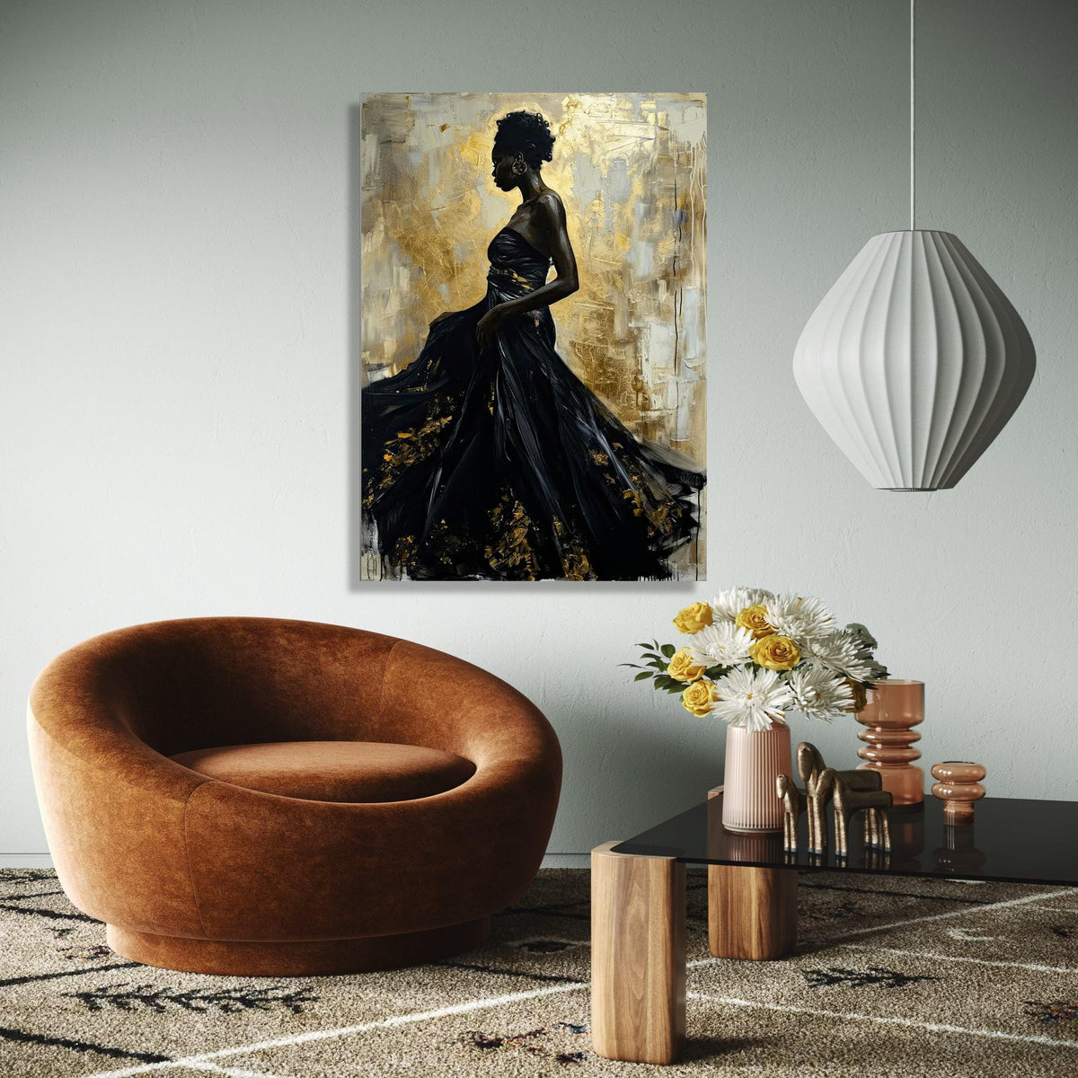 Elegant African Woman in Black Dress, Abstract Gold Canvas, Modern Figurative Wall Art, Glamorous Home Decor, Gift Art, Home Decor, Print
