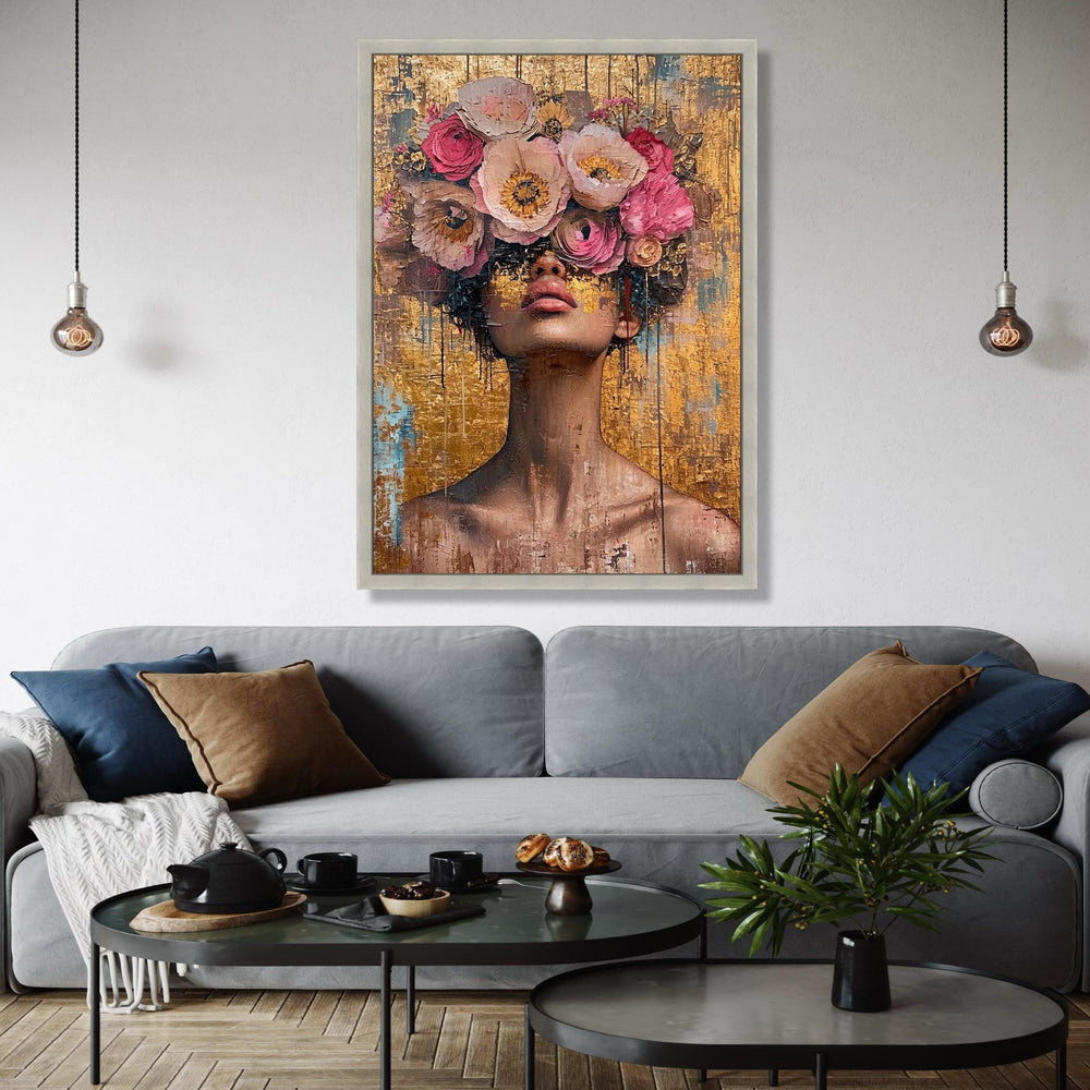 Abstract Woman Portrait with Floral Crown Canvas, Modern Face Art, Gold Background, Contemporary Wall Gift Art, Home Decor, Print