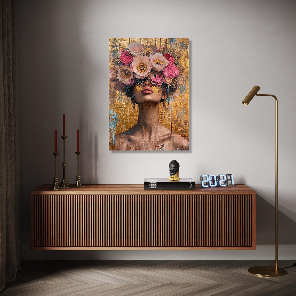 Abstract Woman Portrait with Floral Crown Canvas, Modern Face Art, Gold Background, Contemporary Wall Gift Art, Home Decor, Print
