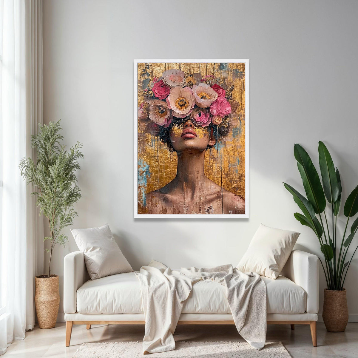 Abstract Woman Portrait with Floral Crown Canvas, Modern Face Art, Gold Background, Contemporary Wall Gift Art, Home Decor, Print