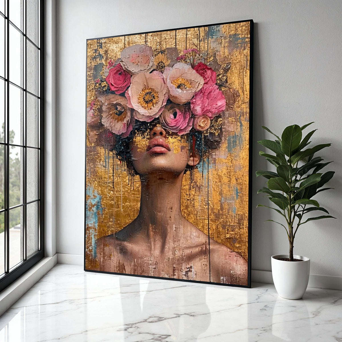 Abstract Woman Portrait with Floral Crown Canvas, Modern Face Art, Gold Background, Contemporary Wall Gift Art, Home Decor, Print