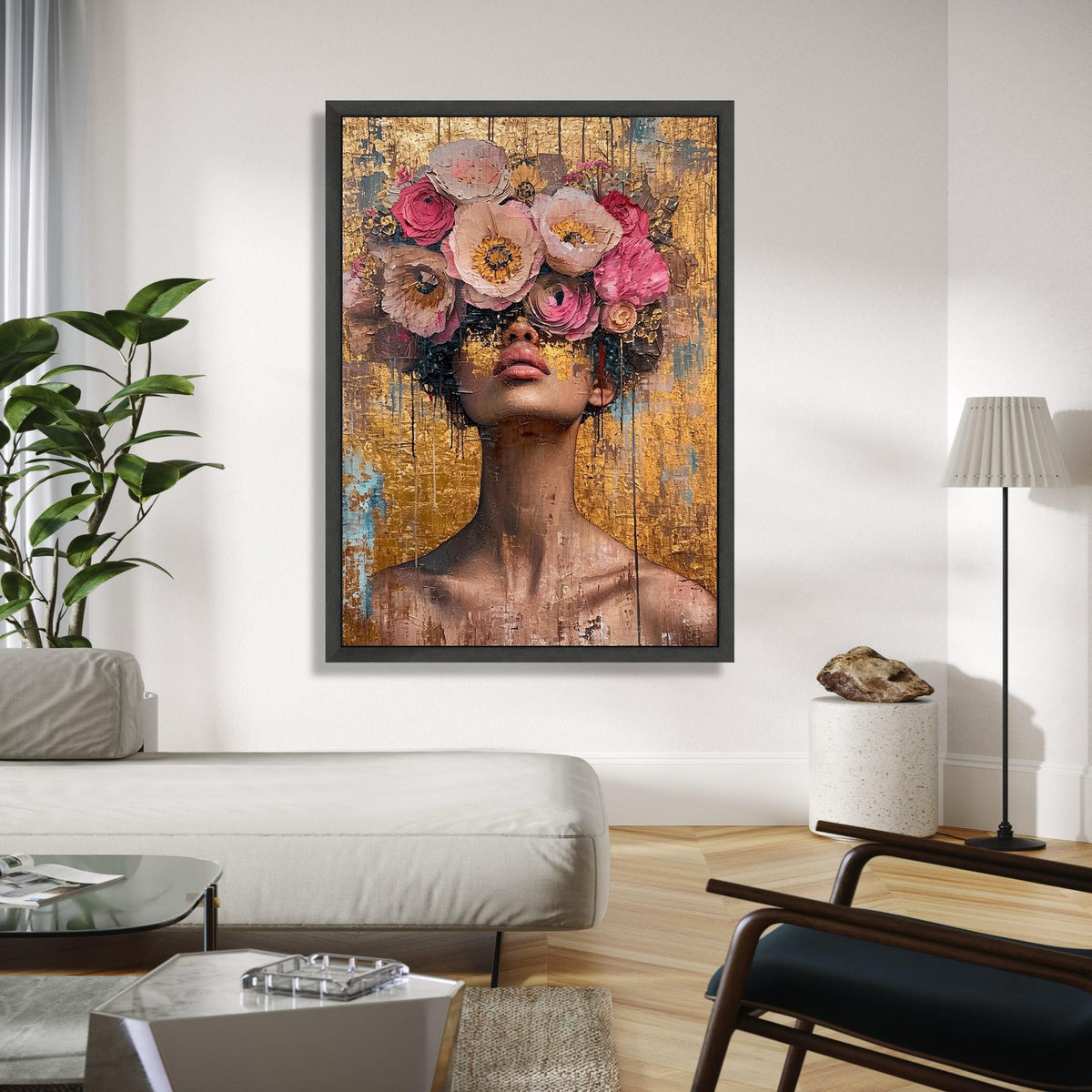 Abstract Woman Portrait with Floral Crown Canvas, Modern Face Art, Gold Background, Contemporary Wall Gift Art, Home Decor, Print