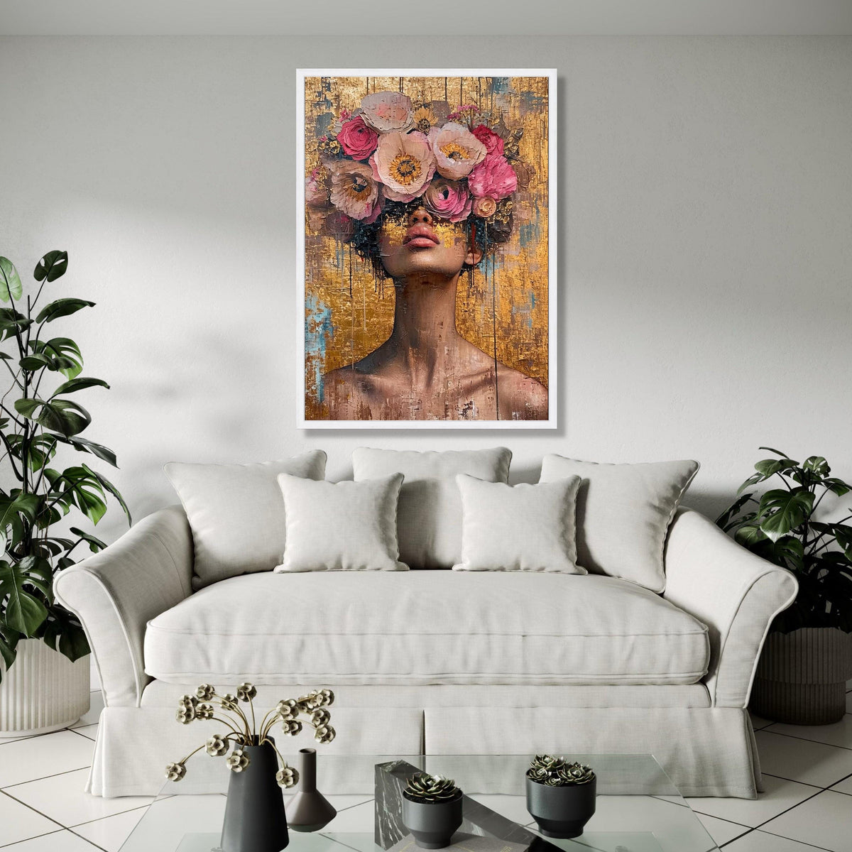 Abstract Woman Portrait with Floral Crown Canvas, Modern Face Art, Gold Background, Contemporary Wall Gift Art, Home Decor, Print